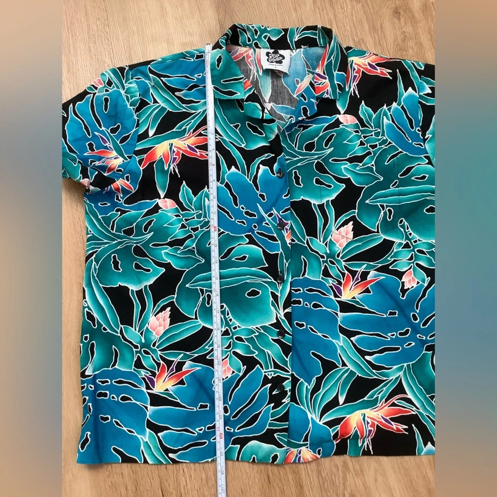 Vintage Hilo Hattie authentic Hawaiian unisex shirt teal black vacation beach